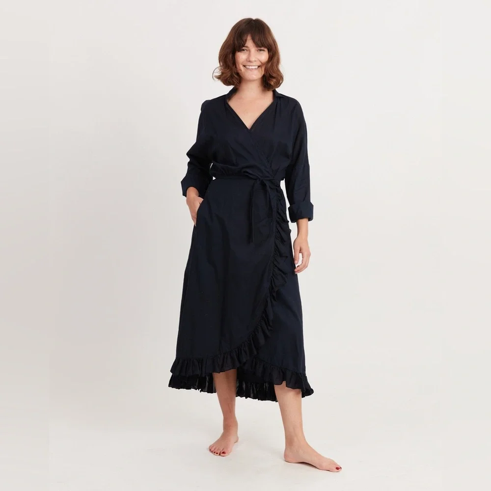 A Shirt Thing Navy Blue Wrap Midi Dress Cotton Casual Boho Minimalist Women M/L - Picture 2 of 15